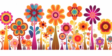 Groovy hippie 60s garden, Funny cartoon flower power clipart white background