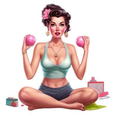 beautiful pretty pin up woman, makeup and hair 50's style, diferent yoga poses,with gym clothes and gym stuff 50's style, paint art style, detail, clipart, white background, superrealistic, one of a kind