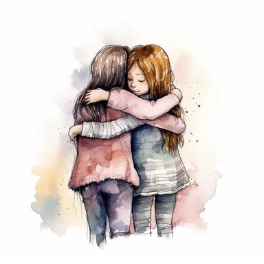 illustration, watercolor, best friend hug clipart, black outline, white background