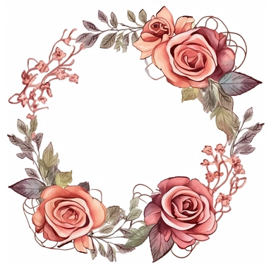 Rose flower frame, circle, vintage colors, illustrated clipart, simple, isolated white background, 8k