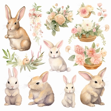 A heartwarming and enchanting collection of watercolor bunny holding flowers clipart, featuring adorable hand-painted bunnies lovingly cradling bouquets of lush flowers. Each bunny is rendered in soft, natural hues that showcase their delightful expressions and fluffy fur. The artist skillfully paints a variety of vibrant and delicate blooms, such as tulips, daisies, and lilies, creating a whimsical and endearing atmosphere. This charming clipart set is perfect for enhancing invitations, station
