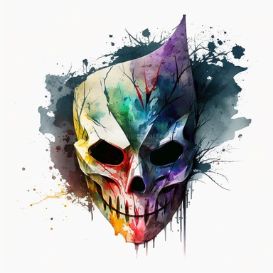 scary halloween mask watercolour tempera clipart illustration, vivid dark colours, clean, crisp, smooth, white background