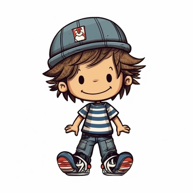 little boy doll style smiling, thin black contour lines, jeans, sneakers, striped hat, ruffled hair, skateboarding, cartoon, clipart, cute eyes, illustration for kids, disney,
