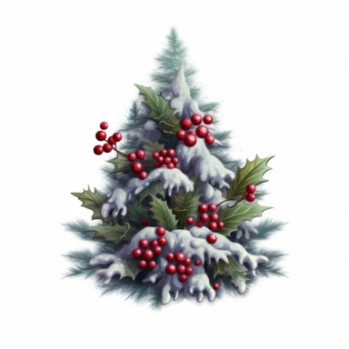 small Christmas tree clipart, made of holly, berries and snowflakes