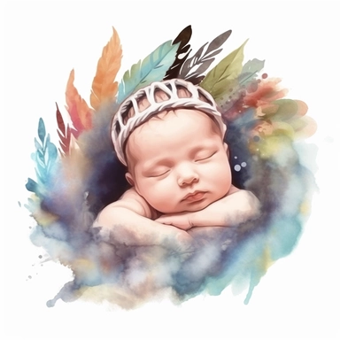 cute watercolor newborn boho sleeping baby, isolated white background, babyshower clipart, 8k, soft multicolor boho colors
