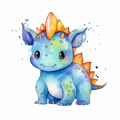 watercolored clipart with triceratops, funny and friendly, goofy, silly and playful dinosaur, colored, white background