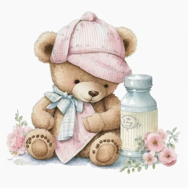 an ultra Cute little newborn baby teddy bear wearing pyjamas, baby pink traditional classic ((striped button up pyjamas)) and a bedtime hat and is sitting on a baby pink blanket with a baby bottle watercolour, cute,, bedtime, sleepy, dreamy, isolated on w