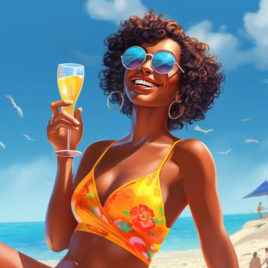 Clipart, full body, modern, young African american woman, brown skin, smiling, in her bright colored bikini, sitting on a sunny beach with a glass of wine in her hand, with people all around enjoying the beach, water and boats on beach, colors of summer, well rendered, hyper realistic, cinematic, 4 k resolution