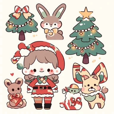 kahles xmas stickers vector collection | ornament vectors clipart stickers, in the style of kawaii manga, simplified line work, animal figurines, lacquer painting, plush doll art, intersecting lines, multi-layered figures, 8k