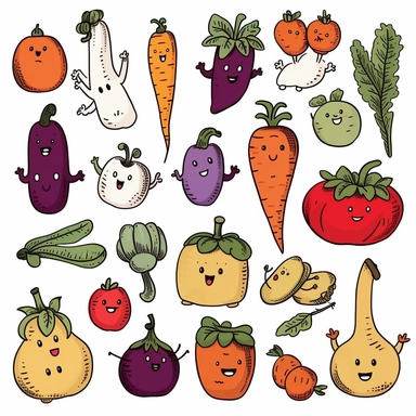 vegetables clipart set, whimsical and cute hand drawn illustration, playful expression, rounded shapes, isolated image white background