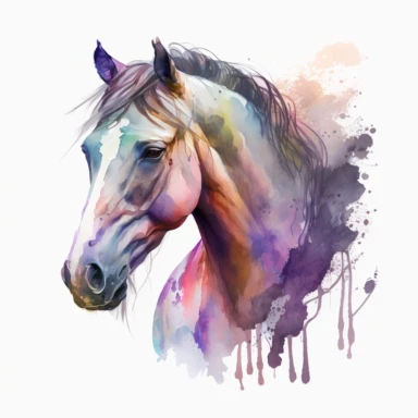 a watercolor clip art style portrait of a horse. The horse should be positioned at a three-quarter angle with its head turned slightly towards the viewer. Use bright, vibrant colors and loose, flowing brushstrokes to create a sense of movement and energy. Include details such as the horse's mane and tail, and add a subtle background of abstract shapes to enhance the composition.