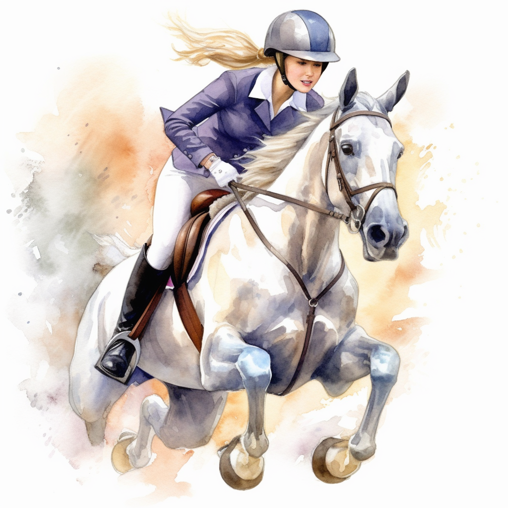 watercolour showjumping pony with beautiful girl rider with perfect ...