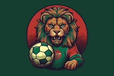 lion atlas, national football team, cartoon, world cup 2030, clipart, background stadium, red and green, moroccan flag, detailed, ultra HD, charismatic, passion, lion holding ball, fierce,