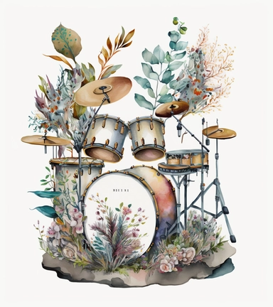 watercolor drum set decorated with many florals,clipart,front view,super detailed, in the style of watercolor illustrations, intricate patterns and details, natural colors on solid white background , no shadow, oil paintings, nightcore, decorative artistry, on white background, spaced out
