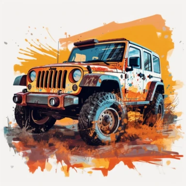 Jeep Wrangler offroad sun on background creative art, shiny, rich color, super resolution, Graffiti, Clipart, watercolor, realistic, 8k