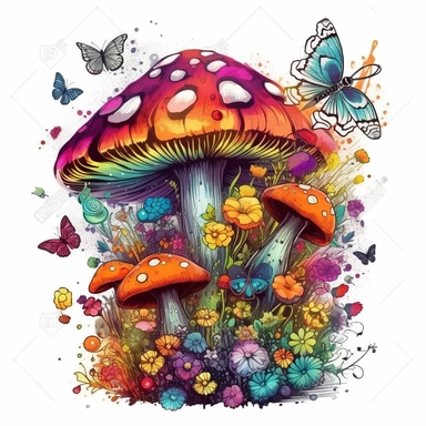 create an illustration featuring a magical mushroom clipart, small flowers and butterflies, vibrant colors, rainbow colors, magical, whimsical, fairytale, fiction, against a white background, harlequin cyberpunk, highly detailed
