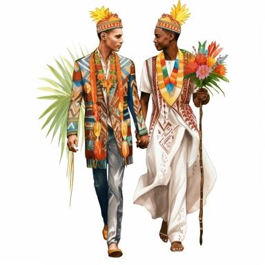 2 ethnic grooms wedding clipart, gay pride, white background