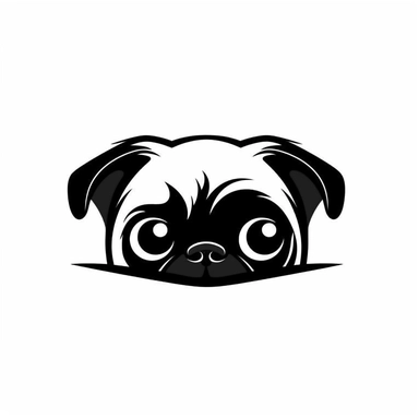 Simple outline of a front - facing crooked head happy Pug dog head peeking with front paws, cute clipart, flat 2d vector, minimalist, black and white, kids cartoon, svg cut file, line art drawing, white isolated background