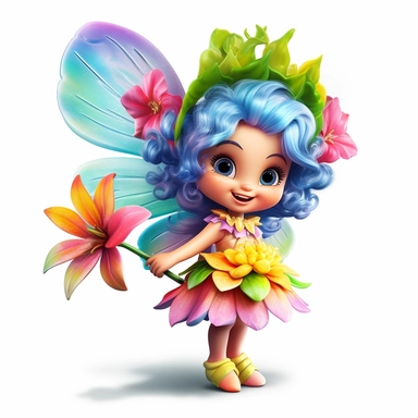 A 3D brightly colored cartoon character design of a tiny fairy with butterfly wings, wearing a flower dress, and a wand, with high detail, clipart stickers