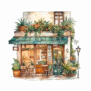 ultra realistic commercial shot of watercolor illustration style of cute cafe with clothed tables and french vibes clipart, floral glowing plants clipart, delicious pastry, illustration style, 8k trending in etsy, super bright vivid, svg, white background, art nouveau art style, ink contour