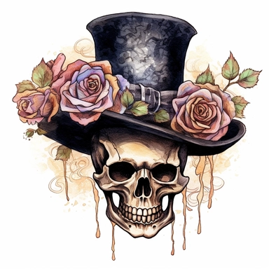 Skeleton, wearing top hat, gothic roses, watercolor, clipart elements, smooth gradients, black contour outline, ultra detailed, white background, super clear, high quality style by Lucy Fleming, watercolor, smooth gradients, black contour outline, ultra detailed, clipart elements, delicate pastel colors, solid white background, super clear, high quality