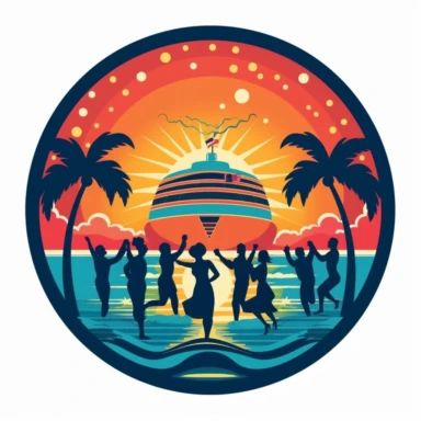 a design of a fun cruise vacation, include cocktails, music, and dancing, enclosed in a circle, emblem, vector, clip art, simple, surreal, rgb, vibrant