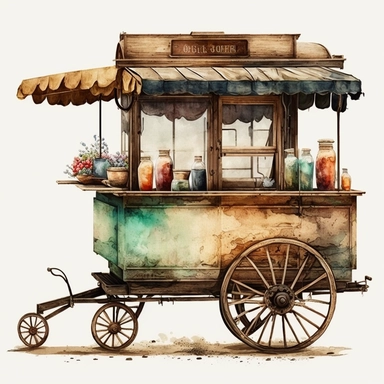 watercolour American style wooden coffee cart,beautifully deatailed American style coffee cart,png image,high resolution,300 dpi,graphic clipart,computer graphics