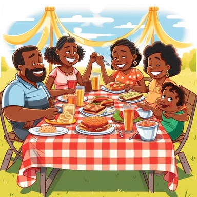 cartoon style, clipart, black family of different ages sitting around a picnic table, with a red and white table cloth, filled with food