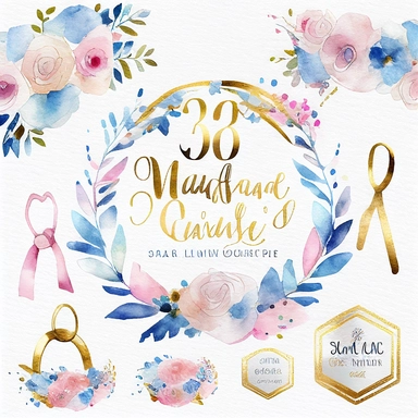watercolor marriage anniversary clipart collection, white background, white, pink, blue and gold illustrations