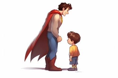 back side of cartoonic superman with a little boy ,hd, vector art, sticker, clipart,