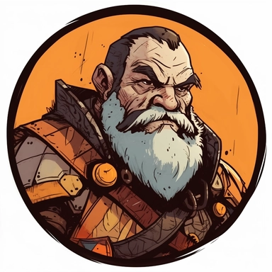 A Dungeons & Dragons character portrait circular tondo depicting a grizzled dwarven dwarf Sean Connery Indiana Jones, Craig Mullins Ashley Wood Bernard Buffet Josh Kirby, Mad Max Lord of the Rings Discworld, handpainted punk zine indie retrowave, clipart illustration, circular solid background circular border