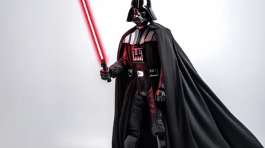 A classic Star Wars clipart of Darth Vader, standing tall in front of a white background, with his iconic helmet and mask, black flowing cape, red lightsaber, and black gloves, Photography, using a Canon EOS R5 with a 70-200mm lens, f/4, 1/200s, ISO 100,
