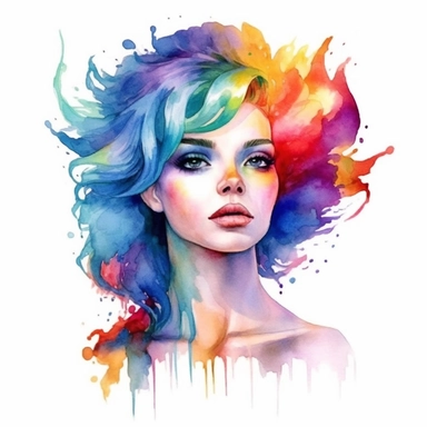 a beautiful woman princess with rainbow hair. white background. clipart. watercolour.