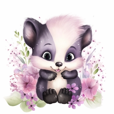 A beautiful, cute, adorable, watercolor, floral baby skunk pastel pink and pastel purple flowers and big cute eyes, very adorable, stunning with flowers, pastel colors, very beautiful, sparkling clipart, with a white background, or KKHDR hyper detail, hyper resolution, hyper realistic, hyper cartoon style