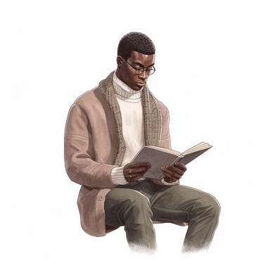 20 year old black man wearing turtleneck and tweed blazer university student reading a book illustration, soft neutral colors clipart, solid white background, high definition, 8k