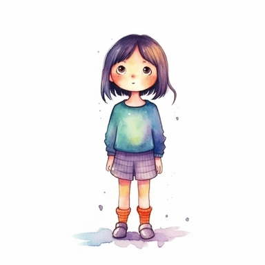 on isolate white background, simple design, illustration, flat colors, simple lines, graphic novel style, 2d painting, watercolor painting style, trending on art station, digital art, girl, childrens character design, happy mood, watercolor, pixar style cartoon, without line work, minimalist, clipart