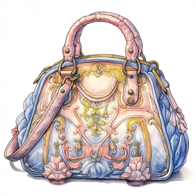 vintage style Detailed light and shadow, 2D outline, A beautifully patterned neo rococo Victorian baroque hyper realistic hand bag in varying hues of pale pink, blue and yellow, stunningly beautiful, refined and sophisticated, Hand drawn, cicely mary barker ,realistic watercolor, Clipart, emotionally pleasing watercolor, i can't believe how beatiful this is,accurate detailed line art, white background, intricate detail, clean line art, saturated fantasy watercolor
