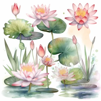 Design a watercolor clipart composition of a serene lily pond, capturing the elegance and charm of various lily varieties in the Michelangelo-inspired Watercolor Haven style on a white background. The harmonious composition, rich colors, and chiaroscuro techniques make these lilies a beautiful choice for various designs.