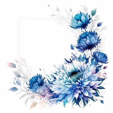 detailed vibrant watercolor rectanglular blue chrysanthemum flower border with border line and with wide middle white space , isolated on white background, realistic, clipart