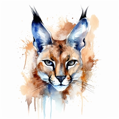 Clipart, watercolor, white background: A caracal with its characteristic tufted ears and piercing eyes, exuding a sense of wild beauty and grace.