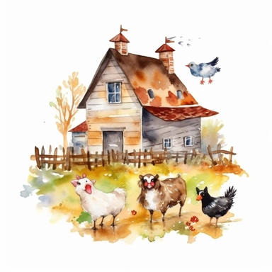 watercolor farm house clipart with meadow and some animals, white background, no comment, 8k