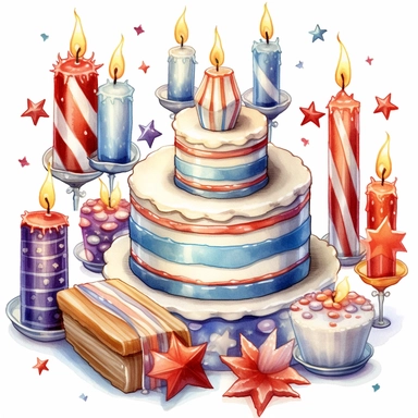 Cake and Candles: Create clipart featuring birthday cakes adorned with candles. Experiment with different cake designs, frosting styles, and candle arrangements to create delightful and celebratory clipart.patriotic pattern, stars and stripes, red white and blue, delicate detail, watercolor, in the style of artgerm, 2d game art, quadratura, clipart, on white background,