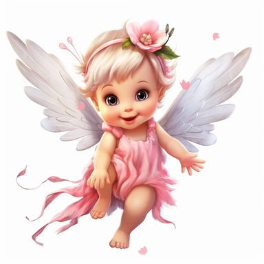 a beautiful happy baby fairy girl, pink flowered dress, blue eyes, highly detailed image, full body image, big wings, pixar style, clipart, white background,