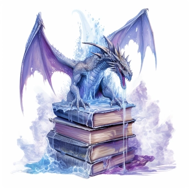 Solid white background, Detailed watercolor open ancient wizard magic book with a Ice dragon climbing out of the book's pages, clipart. The lauguage on the books pages is ancient sumarian.