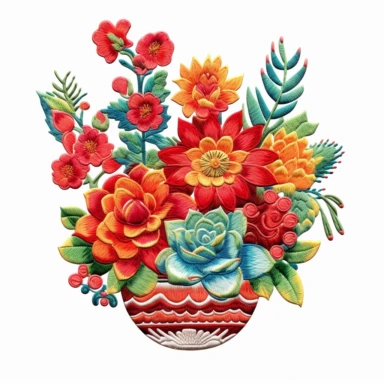 clip art, embroidery succulent, vibrant red flowers, Mexican style, white background,