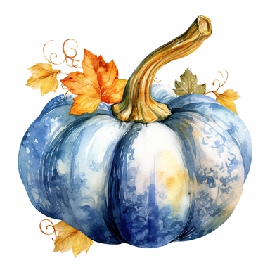 watercolor hyper realistic vintage fall autumn blue pumpkin clipart, photorealistic, realistic still life style, detailed watercolor style, on white background