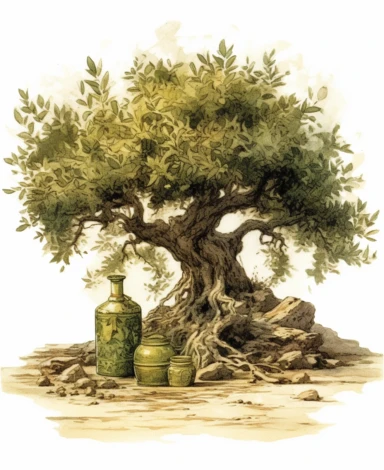 Ancient vintage artistic olive tree. In front of the tree on the ground are jars of olive oil. Vintage, Artistic, clipart, detailed