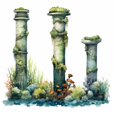 Horror style overrealistic mystical hellenistic columns covered mosses and seashells bottom of the sea with watercolor effect, dark blue water, dark green mosses, deep water, sea plants, coral and mussel, , random fishes, undersea details, suitable for digital clipart, white background