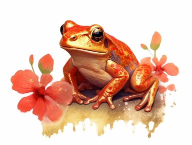 red gold watercolor Frog with flowers clipart with golden metallic line and some glitter, plain background, 8k, high resolution
