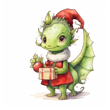 cute funny avocado green girls dragon, red cardigan, marry christmas, winter, cute nursery painting, style by Lucy Fleming, watercolor, smooth gradients, black contour outline, ultra detailed, clipart elements, delicate pastel colors, solid white background, super clear, high quality